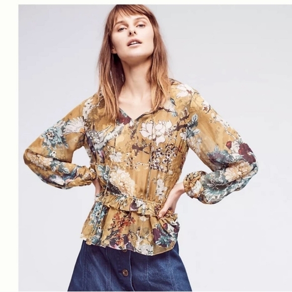 Hemant & Nandita Keystone Silk Blouse Sheer Floral Print Feminine Peplum(L) - Picture 4 of 14